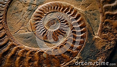 Ancient ammonite fossil, extinct animal shell, spiral pattern discovery generated by AI Stock Photo