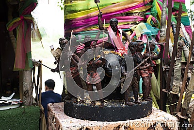 Ancient antique building of Bang Rajan shrine for thai people visit respect praying blessing deity angel wish holy mystery worship Stock Photo