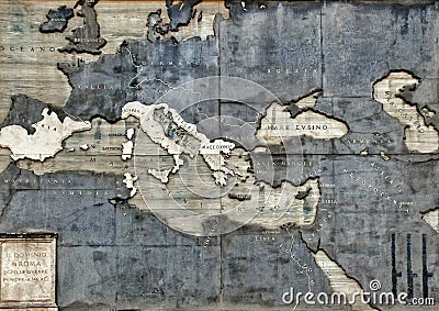 Ancient antique map on a brick wall of the Vatican Museum Editorial Stock Photo