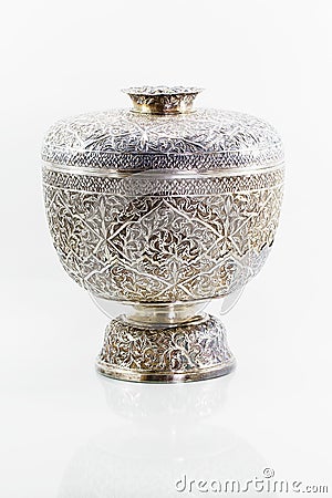 Ancient antique silver Thai bowl on white background Stock Photo