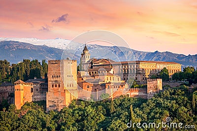 Ancient arabic fortress Alhambra at the beautiful evening time Stock Photo