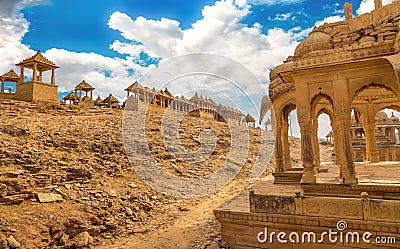 Ancient archaeological ruins of ancient royal cenotaphs at Bada Bagh Jaisalmer, Rajasthan, India Stock Photo