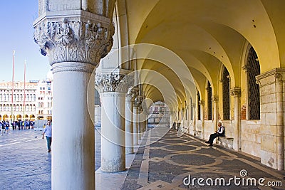 Ancient Arches Columns of Doge's palace in Venice, Italy Editorial Stock Photo