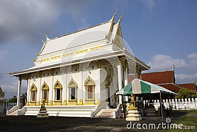 Ancient architecture antique building white ubosot church for thai people and foreign traveler travel visit and respect praying Stock Photo