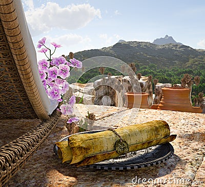 Ancient architecture with sunbed concept tourism vacation Stock Photo