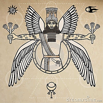 Ancient Assyrian winged deity. Character of Sumerian mythology. Background - imitation of old paper. Vector Illustration