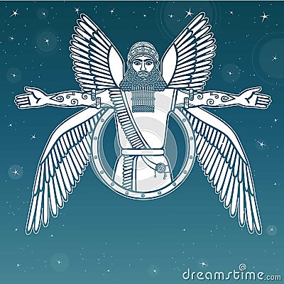 Ancient Assyrian winged deity. Vector Illustration