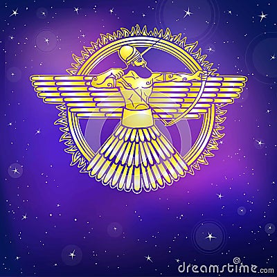 Ancient Assyrian winged deity. Character of Sumerian mythology. Vector Illustration