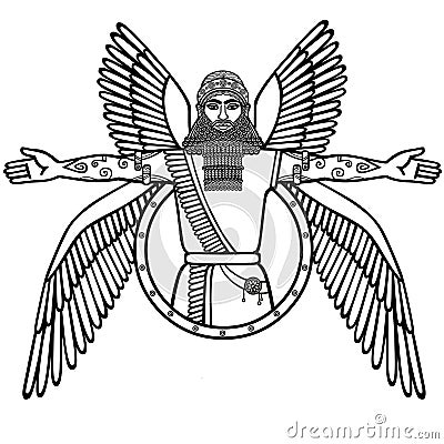 Ancient Assyrian winged deity. Vector Illustration