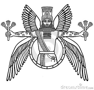 Ancient Assyrian winged deity. Character of Sumerian mythology. Vector Illustration