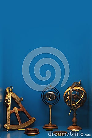 Ancient astronomical devices, astrolabe, compass and sextant Stock Photo