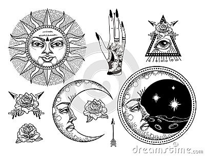 An ancient astronomical illustration of the sun, the moon, the stars, the rose Vector Illustration