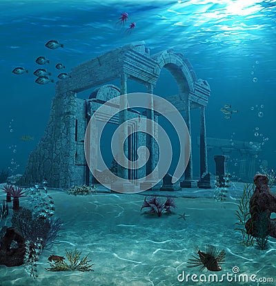 Ancient Atlantis Ruins Underwater Cartoon Illustration