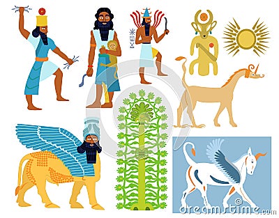 Ancient Babylonian gods, creatures and symbols Cartoon Illustration