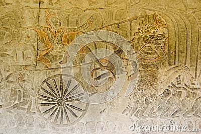 Ancient Bas Relief of Vishnu conquering the demons Stock Photo