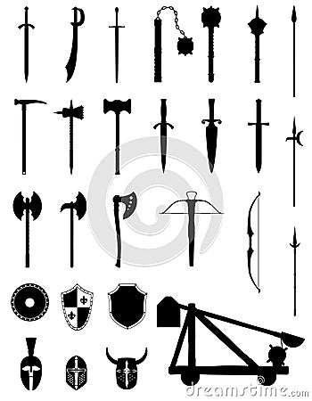 Ancient battle weapons set icons black silhouette stock vector i Vector Illustration