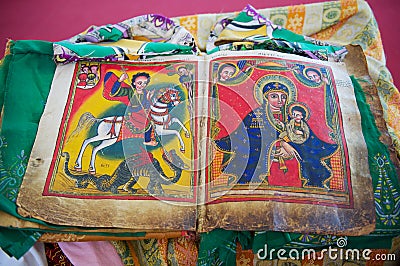 Ancient Bible in Amharic language in the church of Our Lady Mary of Zion in Aksum, Ethiopia. Editorial Stock Photo