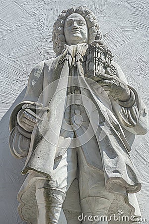 Ancient big statute of scary, fearful and heavy armed gatekeeper, medieval warrior with weapon in historical downtown of Dresden, Editorial Stock Photo