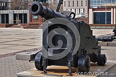 Ancient black cannon in the free open air museum in Novorossiysk, Russia Editorial Stock Photo