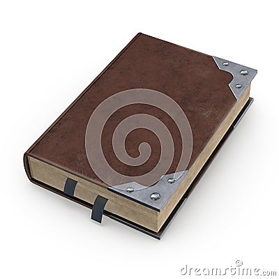 Ancient book in brown leather binding with bookmarks. Stock Photo