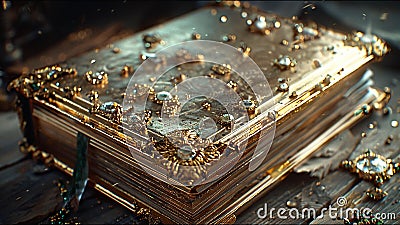 Ancient Book Golden Leaf Pages Holy Tome Bejeweled Almanac of Magick Stock Photo