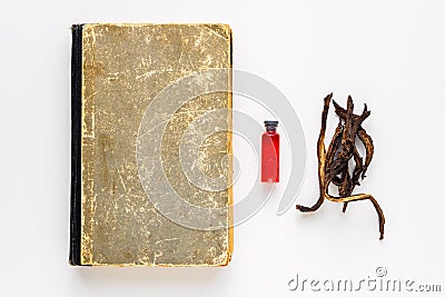 Ancient book and other attributes for magic, divination and occultism Stock Photo