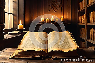 Ancient Book Pages Delicately Unfurled: Positioned Centrally on an Antique Wooden Table Stock Photo