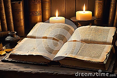 Ancient Book Pages Delicately Unfurled: Positioned Centrally on an Antique Wooden Table Stock Photo