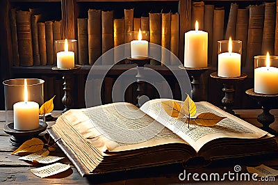 Ancient Book Pages Delicately Unfurled: Positioned Centrally on an Antique Wooden Table Stock Photo