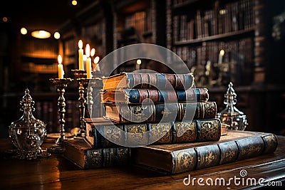 Ancient books create a historical backdrop on a wooden desk in a retro-style library Stock Photo