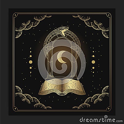 Ancient books with gates and crescent moons in engraving, hand drawn, luxury, esoteric, boho style, fit for paranormal, tarot Vector Illustration