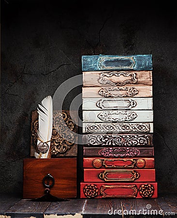 Ancient books, manuscripts with wax seal on a shelf Stock Photo