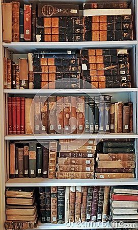 Old ancient books on library shelves Editorial Stock Photo