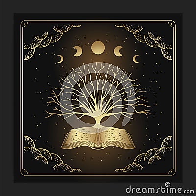 Ancient books and tree with engraving, hand drawn, luxury, esoteric, boho style Vector Illustration