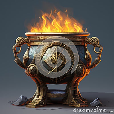 Ancient brazier created with Generative AI. A burning fire for cooking. Stock Photo