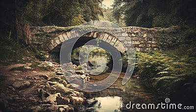 Ancient bridge arches over tranquil pond in lush green forest generated by AI Stock Photo