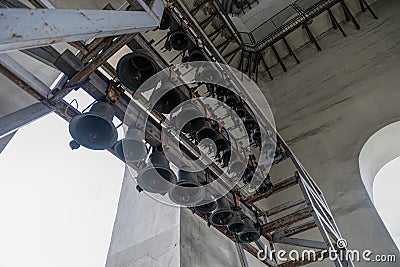 Ancient bronze and copper domes in the bell tower of St. Sophia Cathedral in Kiev, Ukraine Editorial Stock Photo