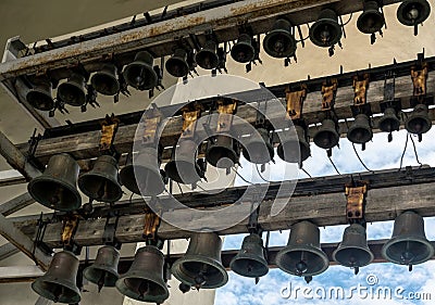 Ancient bronze and copper domes in the bell tower of St. Sophia Cathedral in Kiev, Ukraine Editorial Stock Photo