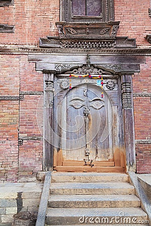 Ancient Buddha's All Seeing Eye Door, Kathmandu, Stock Photo