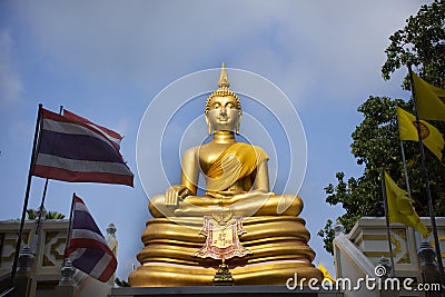 Ancient buddha statue in antique old ubosot for thai people and foreign travelers travel visit and respect praying blessing deity Editorial Stock Photo