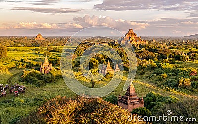 Ancient Buddhist pagodas in the old city of Bagan, the world heritage site. Myanmar Burma. Amazing view before sunset. Stock Photo