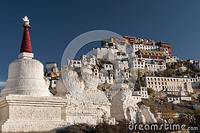 Ancient budhist stupas under Tikse gompa, Ladakh, India Stock Photo