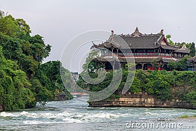 The ancient buildings and river in the Dujiangyan Irrigation System Stock Photo
