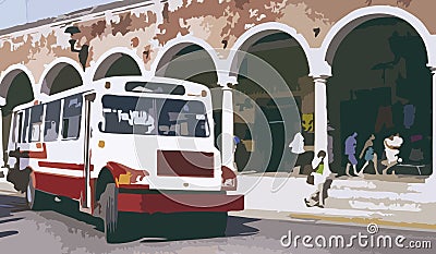 Ancient bus in the city of Merida, illustrative drawing Stock Photo