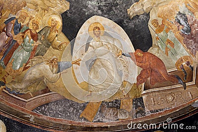 Ancient byzantine fresco of Jesus, Adam and Eve in church of saint chora in constantinople, ISTANBUL, TURKEY Editorial Stock Photo