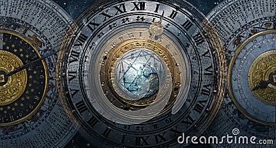 Ancient calendar with constellations and astronomical instruments against the background of stars. Symbol of science, astronomy, Stock Photo