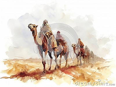 Ancient Caravan Traveling Through the Desert AI Generated Cartoon Illustration