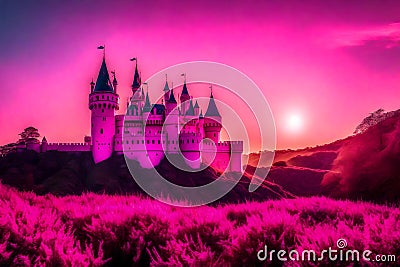 Ancient castle at colorful cityscape, pink and purple sky Stock Photo