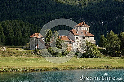 Ancient Castle Crap da Sass - Silvaplana village in Switzerland Stock Photo