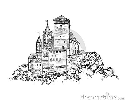 Ancient castle landscape engraving Tower building sketch skyline Stock Photo